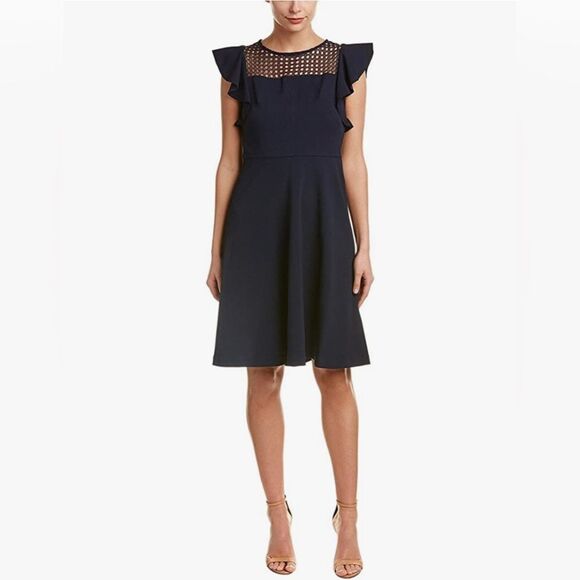 Taylor navy flutter sleeve lace yoke stretch dress size 16W - Picture 3 of 9